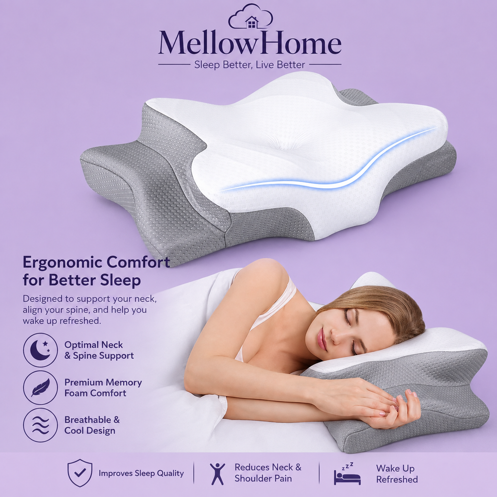 Mellow Home - Cervical Memory Foam Pillow for Neck and Shoulder Pain Relief, Adjustable Ergonomic Contour Orthopedic Pillow with Cervical Support for Side, Back and Stomach Sleepers