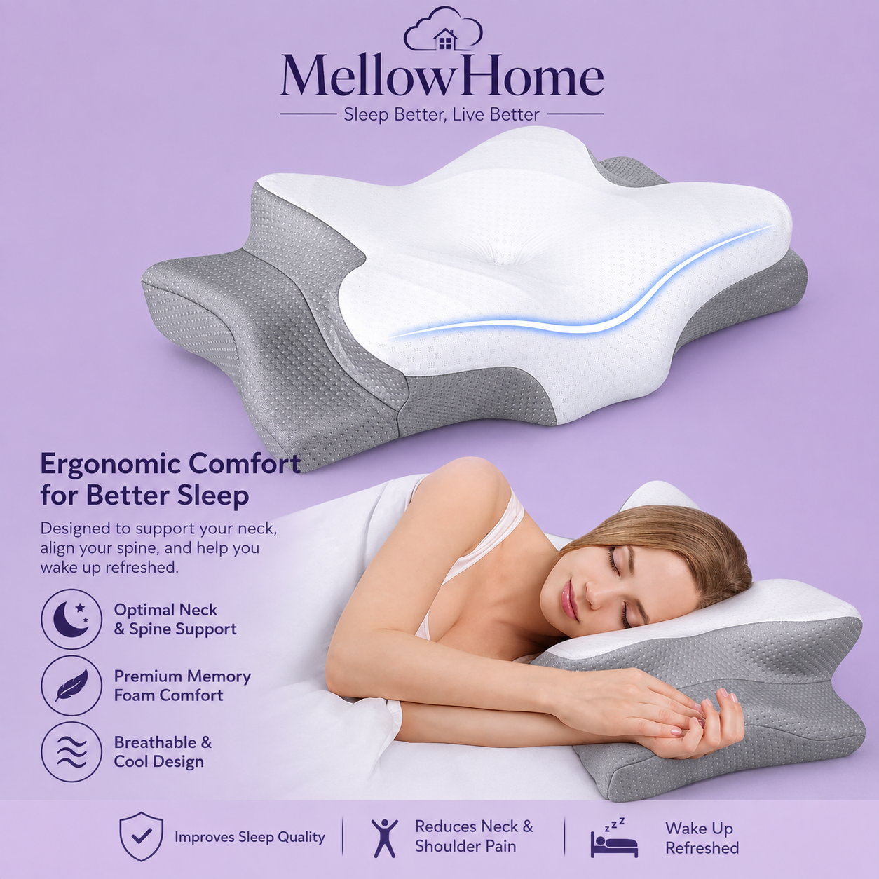 Mellow Home - Cervical Memory Foam Pillow for Neck and Shoulder Pain Relief, Adjustable Ergonomic Contour Orthopedic Pillow with Cervical Support for Side, Back and Stomach Sleepers